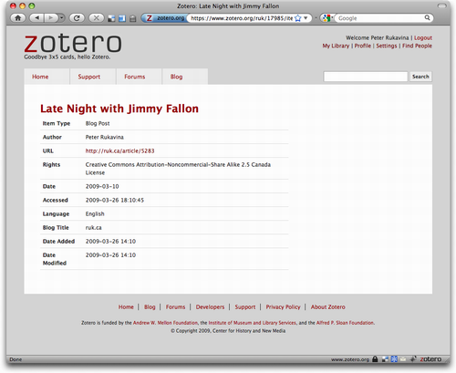 Zotero.org website browsing a reference