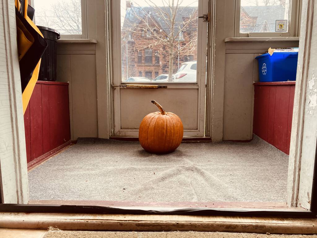 Photo of a pumpkin in our vestibule.