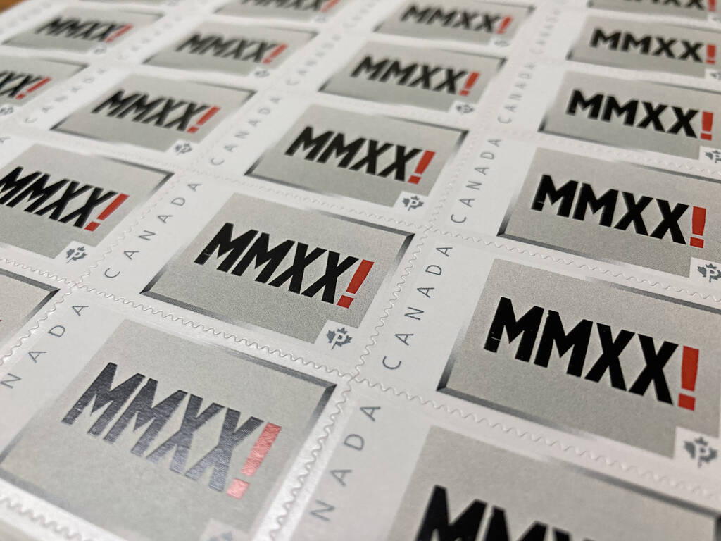 A sheet of MMXX! postage stamps.