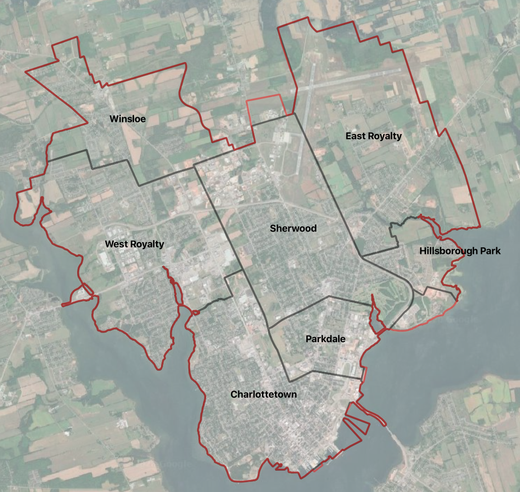 Boundary of modern Charlottetown overlaid on constituent community boundaries.