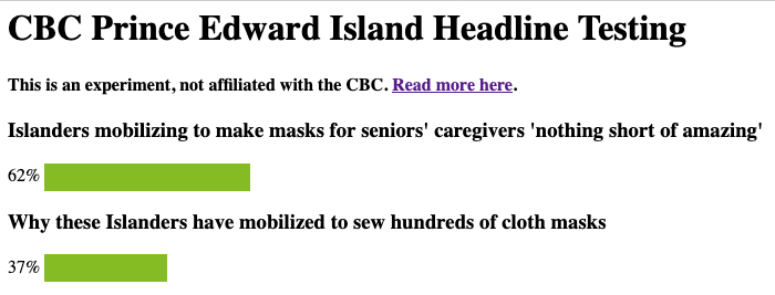 Screen shot of CBC PEI testing headlines again.