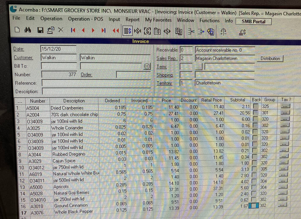 Screen shot of the point of sale system showing my purchases: for each item the product code, weight, price and total is shown.