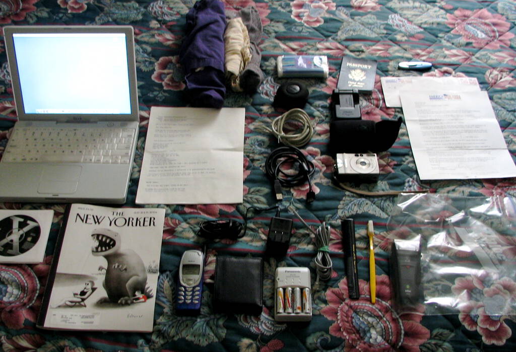 Photo of all the items I packed into my bag for the DNC trip.