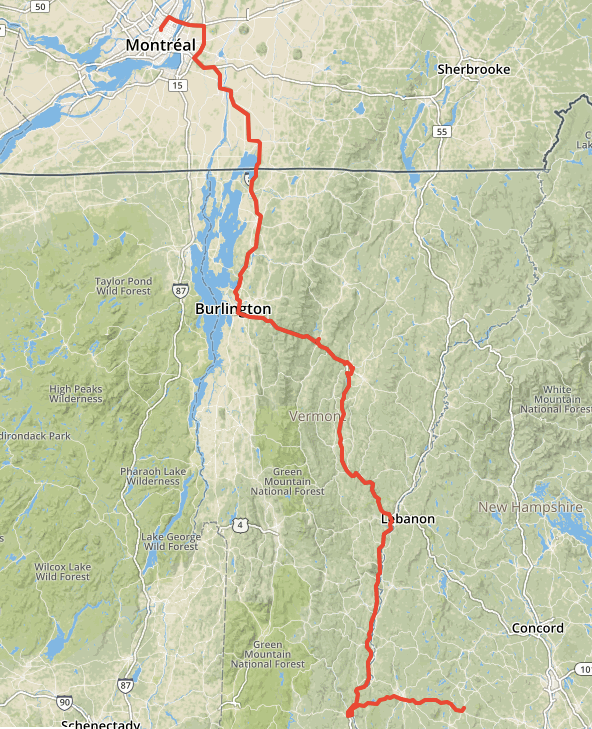 Map of my EV route from Montreal to Peterborough, NH