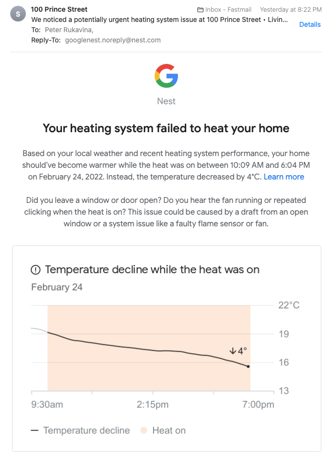 Screen shot of an email message from my Nest thermostat.