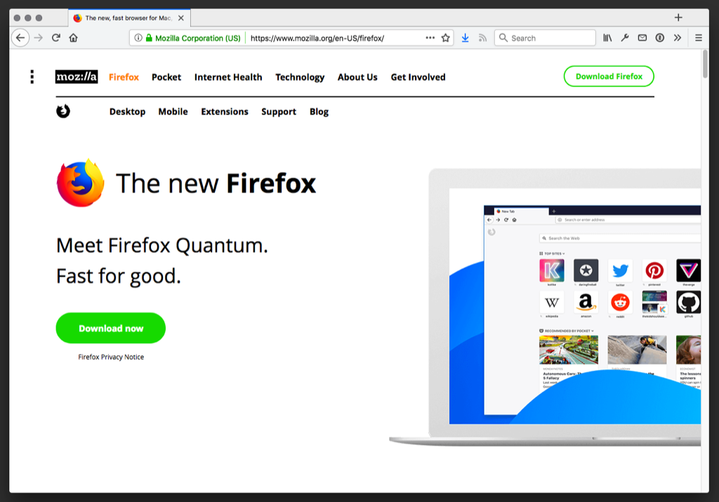 Screen shot of Mozilla website showing Firefox Quantum