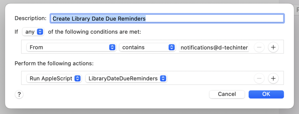 Screen shot of creating a new Mail.app rule for creating a date due reminder