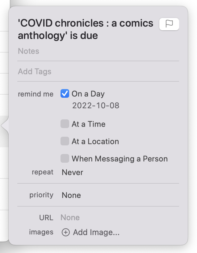 Screen shot of the reminder created for the date due in the Reminders app