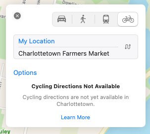 Detail from Apple Maps screen shot showing error message "Cycling Directions Not Available".