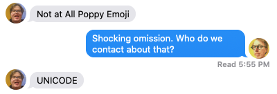 Screen shot from Messages app showing a conversation with Oliver about the poppy emoji