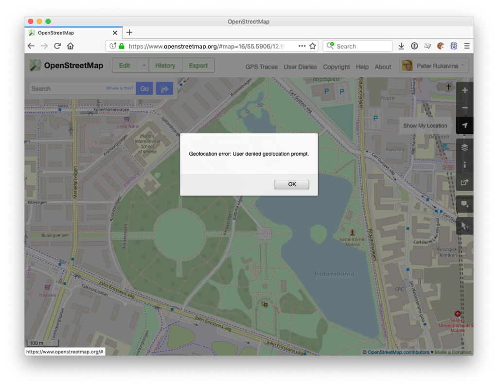 OpenStreetMap screen shot showing geolocaiton error dialog