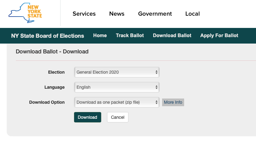 Screen shot of New York State ballot downloading page for the 2020 election.