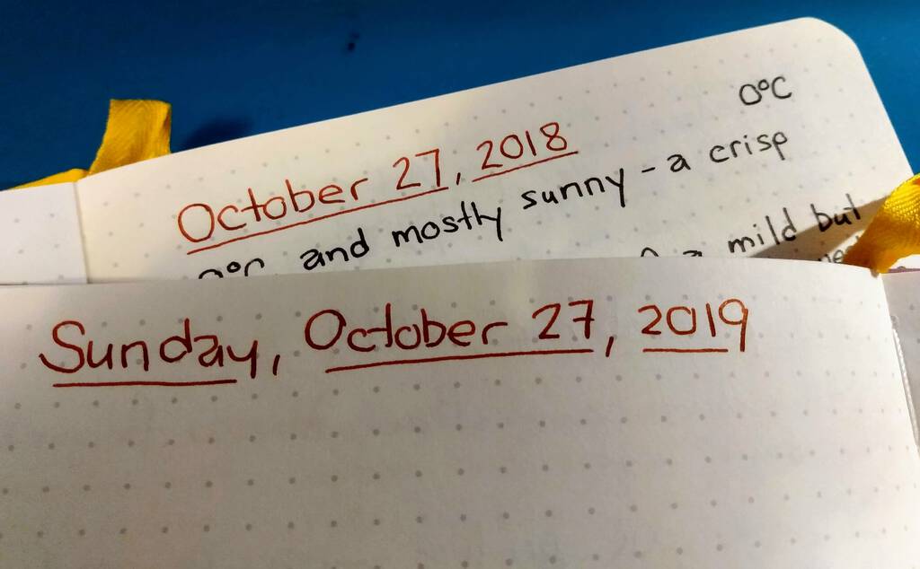 Diary pages from October 27, 2018 and 2019.