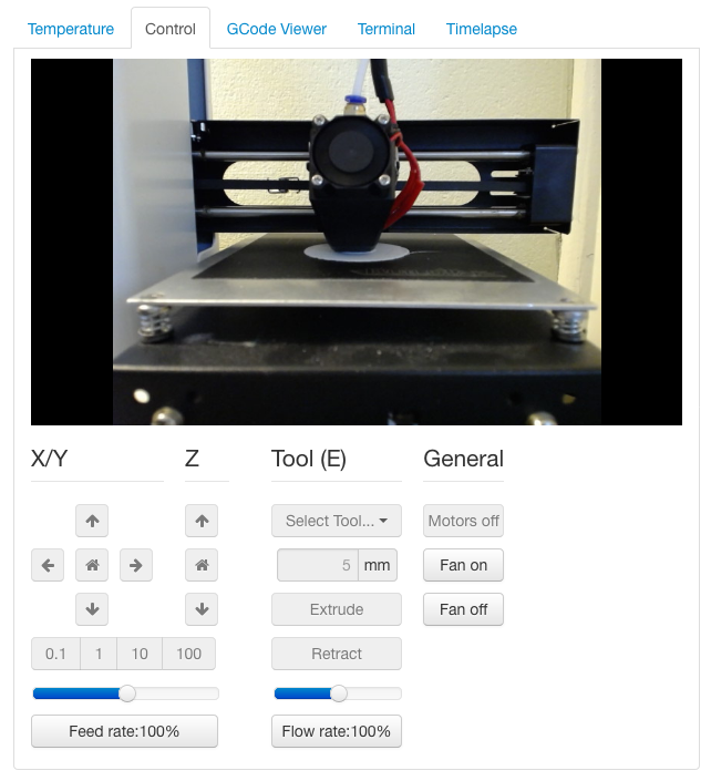 Screen shot of the Control tab in OctoPrint.