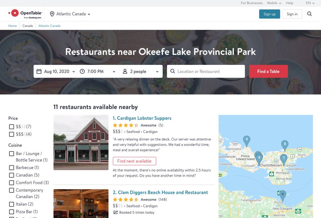 Screen shot from Open Table showing restaurants need O'Keefe Lake Provincial Park.