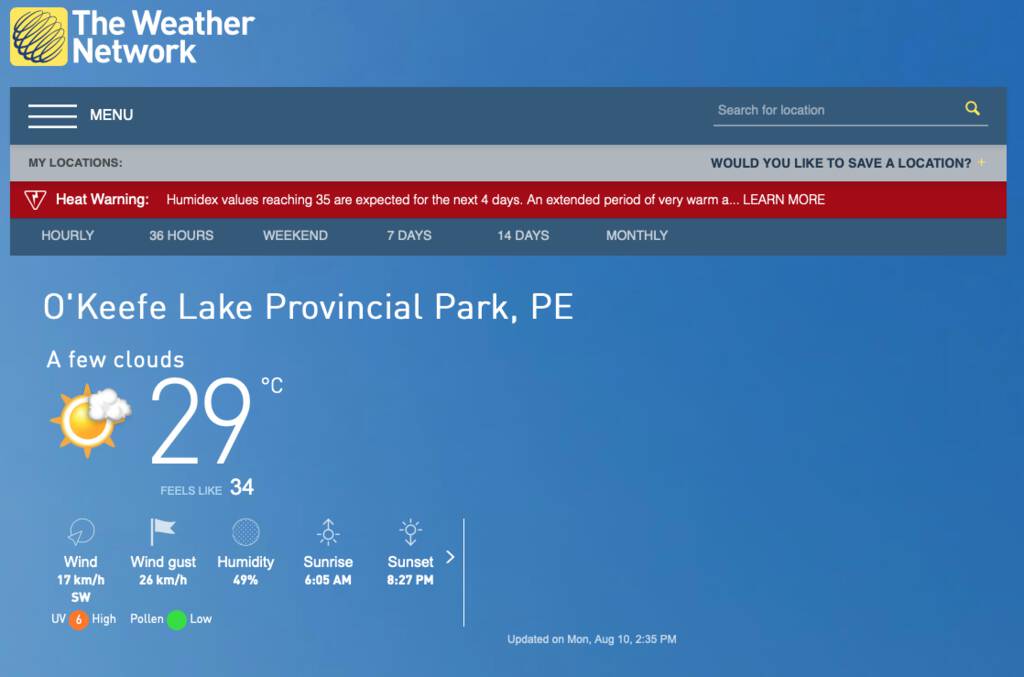 Screen shot from The Weather Network showing weather for O'Keefe Lake.
