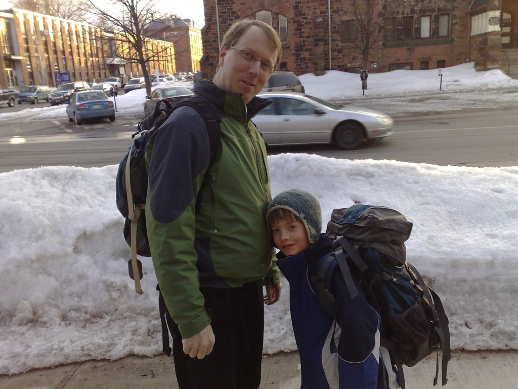 Peter and Oliver just before European trip, standing in the front yard.