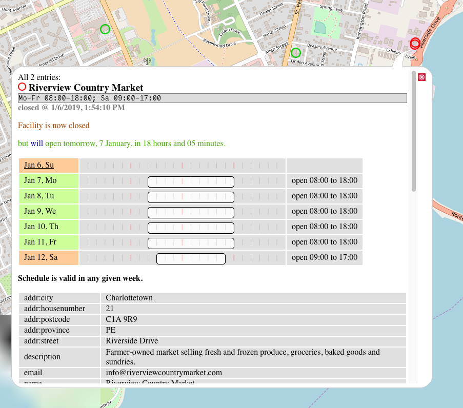 Screen shot from https://openingh.ypid.de/ showing Riverview's opening hours