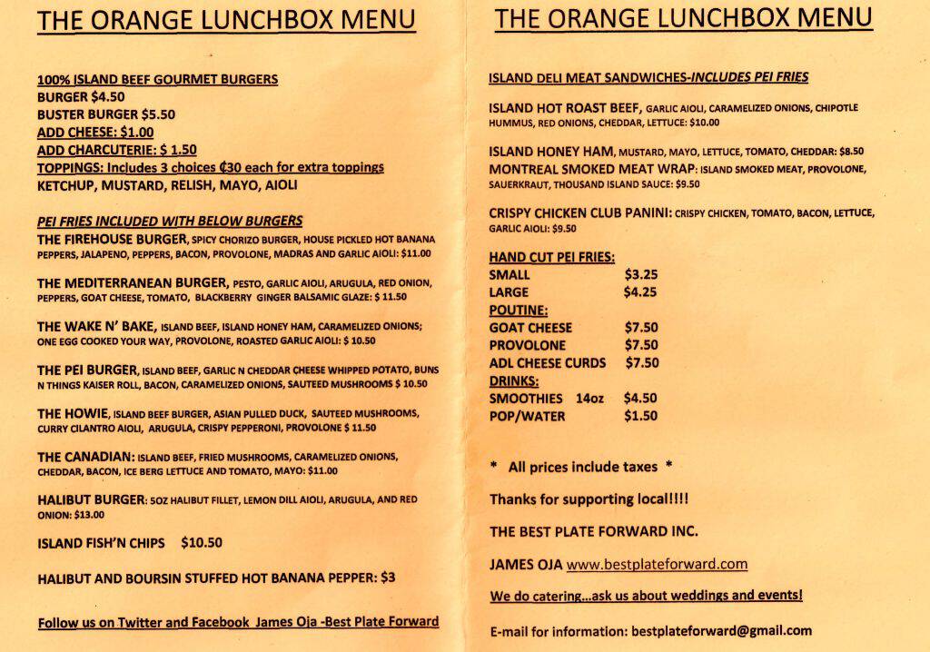 Menu from The Orange Lunchbox, June 2012