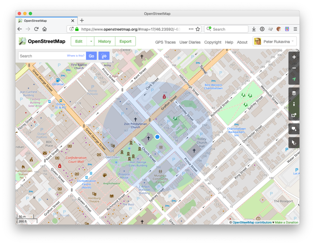 Screen shot showing OpenStreetMap Show My Location working in Firefox