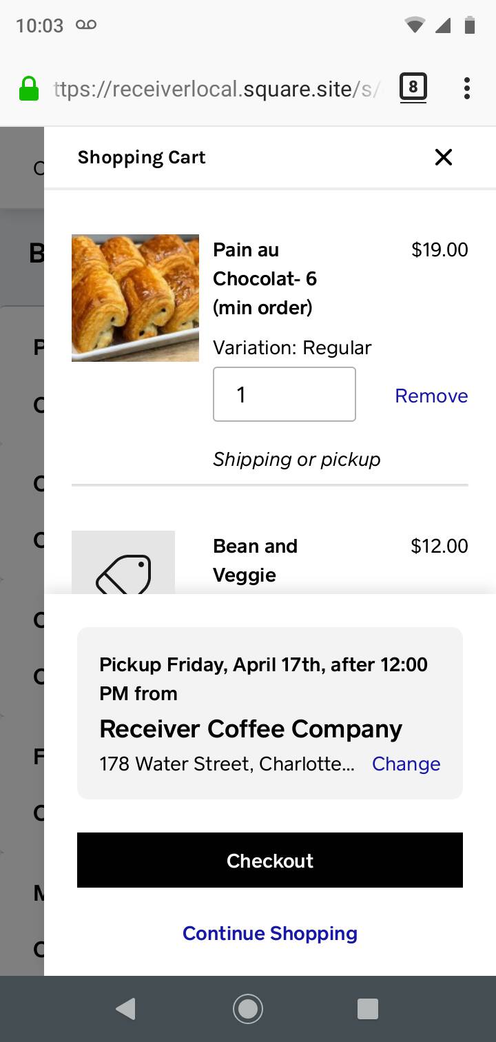 Order form for Receiver Coffee, pandemic edition, showing 6 pain au chocolat ordered.