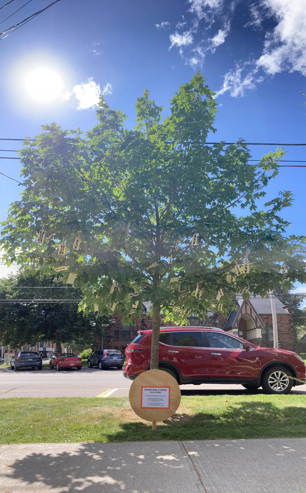 Vertical panorama of the tree with the letters and sign.