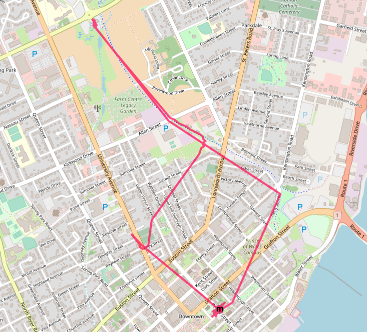 Map showing our cycle ride from home to the Farmers' Market and back.