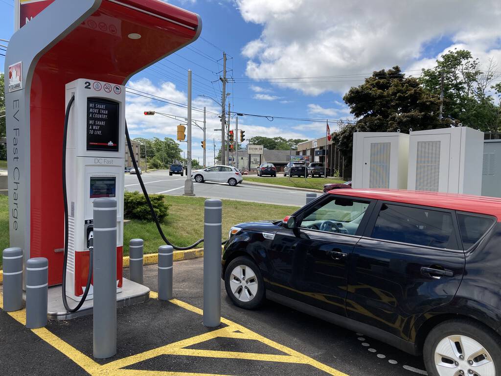 Our Kia Soul EV plugged into the Petro-Can charger in Halifax.