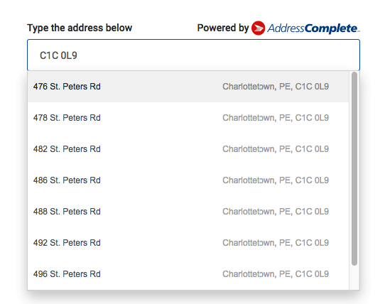 Screen Shot of CanadaPost.ca postal code lookup for C1A 0L9, showing only 7 addresses