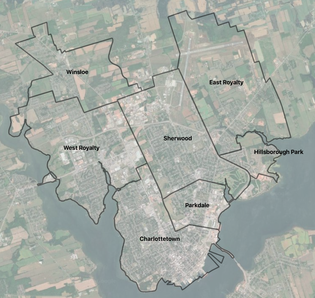 The boundaries of pre-amalgamation Charlottetown overlaid on Google Satellite view.