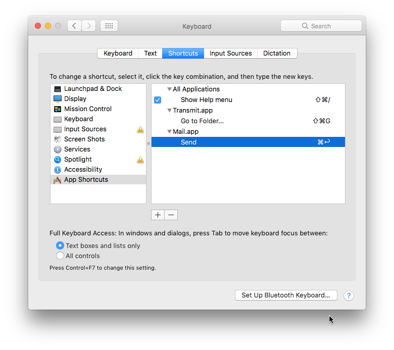 Screen shot of macOS System Preferences > Keyboard > Shortcuts