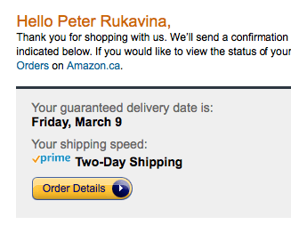 Amazon confirmation showing tomorrow as delivery date