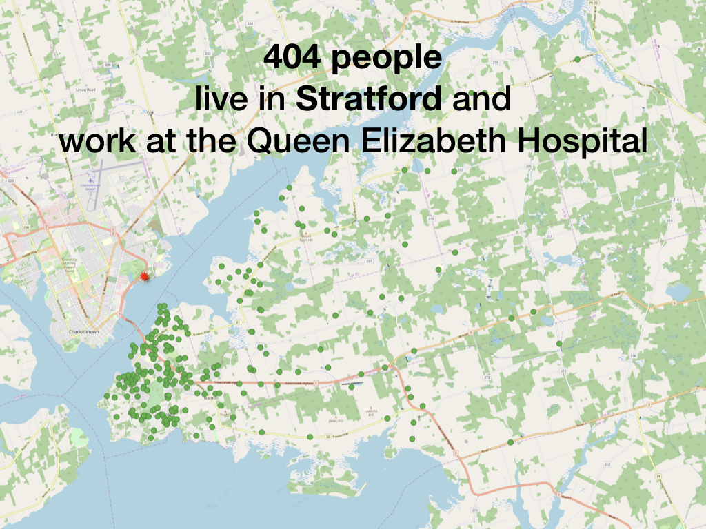 404 people  live in Stratford and work at the Queen Elizabeth Hospital