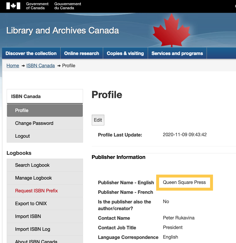 Screen shot of the Library and Archives Canada website showing that Queen Square Press is the new name of my publishing company