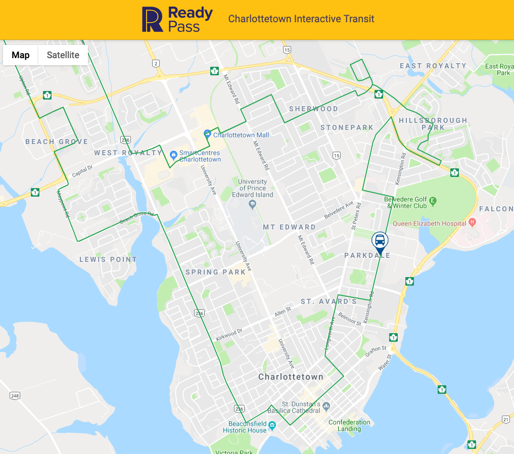 Screen shot of the T3 Transit real time bus location map, showing Route 2 in Parkdale.