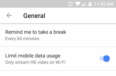 Screen shot of YouTube app's new Remind me to take a break setting