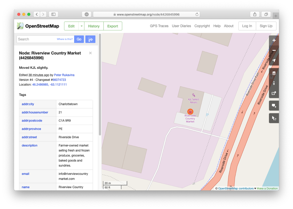 Screen shot of OpenStreetMap showing the newly-edited Riverview Country Market entity.
