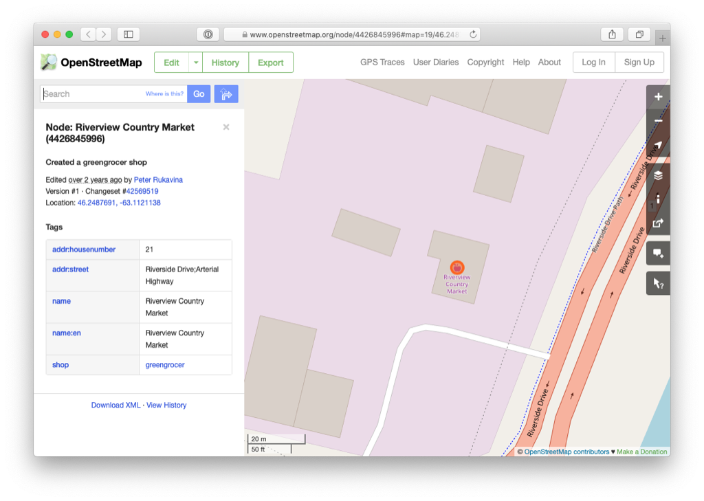 Screen shot of the original entity for Riverview Country Market on OpenStreetMap, before my edits.