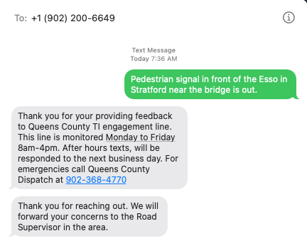 Screen shot of text message exchange with PEI road report.