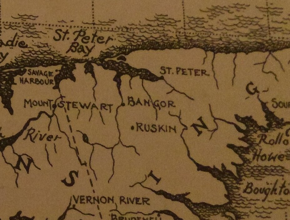 Detail from the John Croteau book's map of PEI showing Ruskin, PEI in King's County, just under Bangor.
