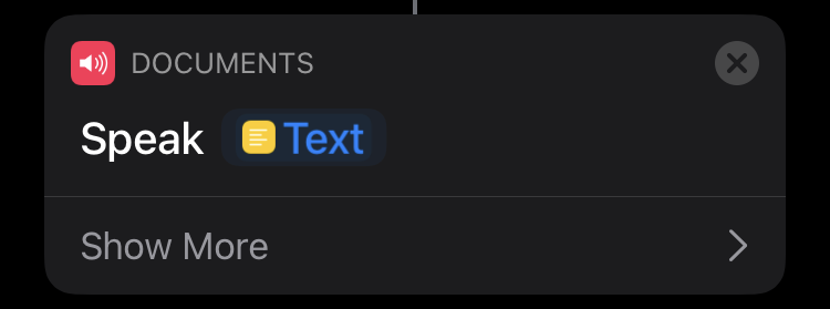 Screen shot from iPhone showing a "Speak Text" action in the Shortcuts app.