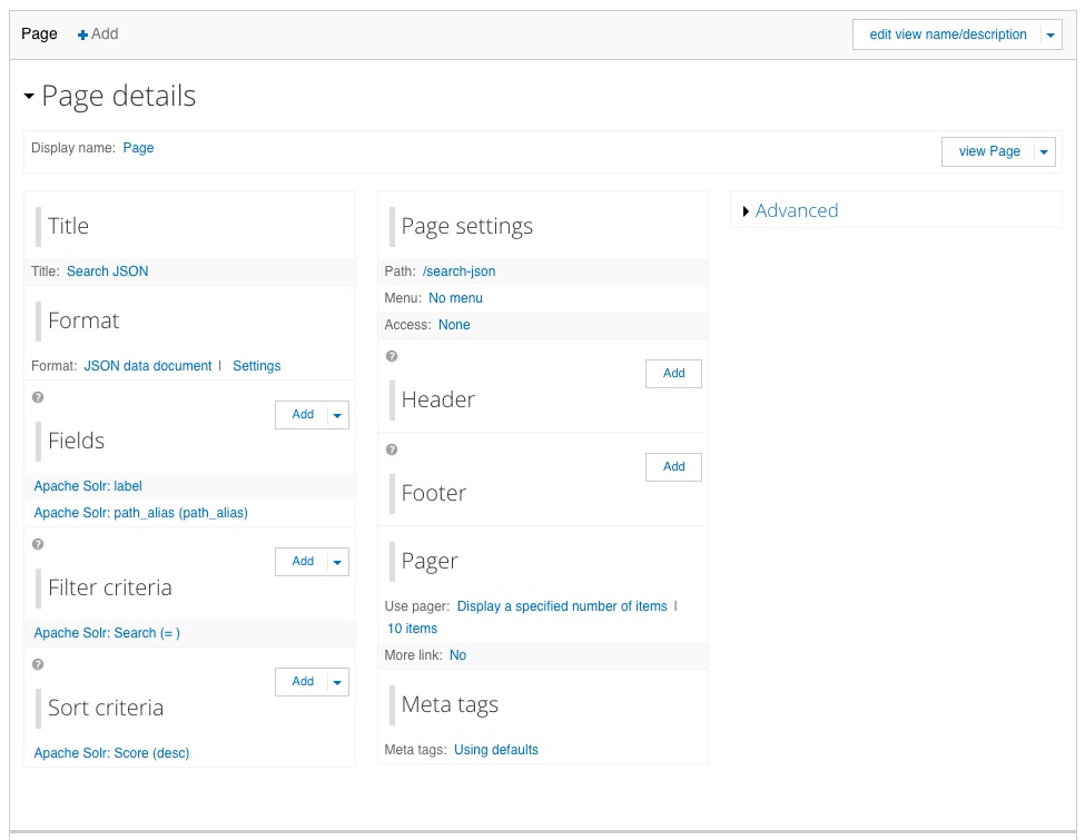 Screen shot of the Search JSON Drupal View