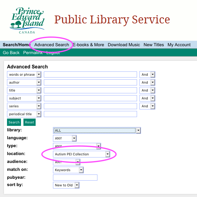 Screen shot of Public Library Service search for autism materials.