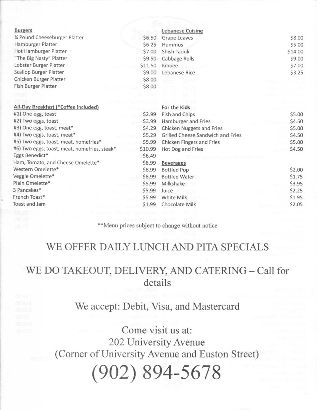 Page 2 of menu for The Seatreat in Charlottetown from July 2010