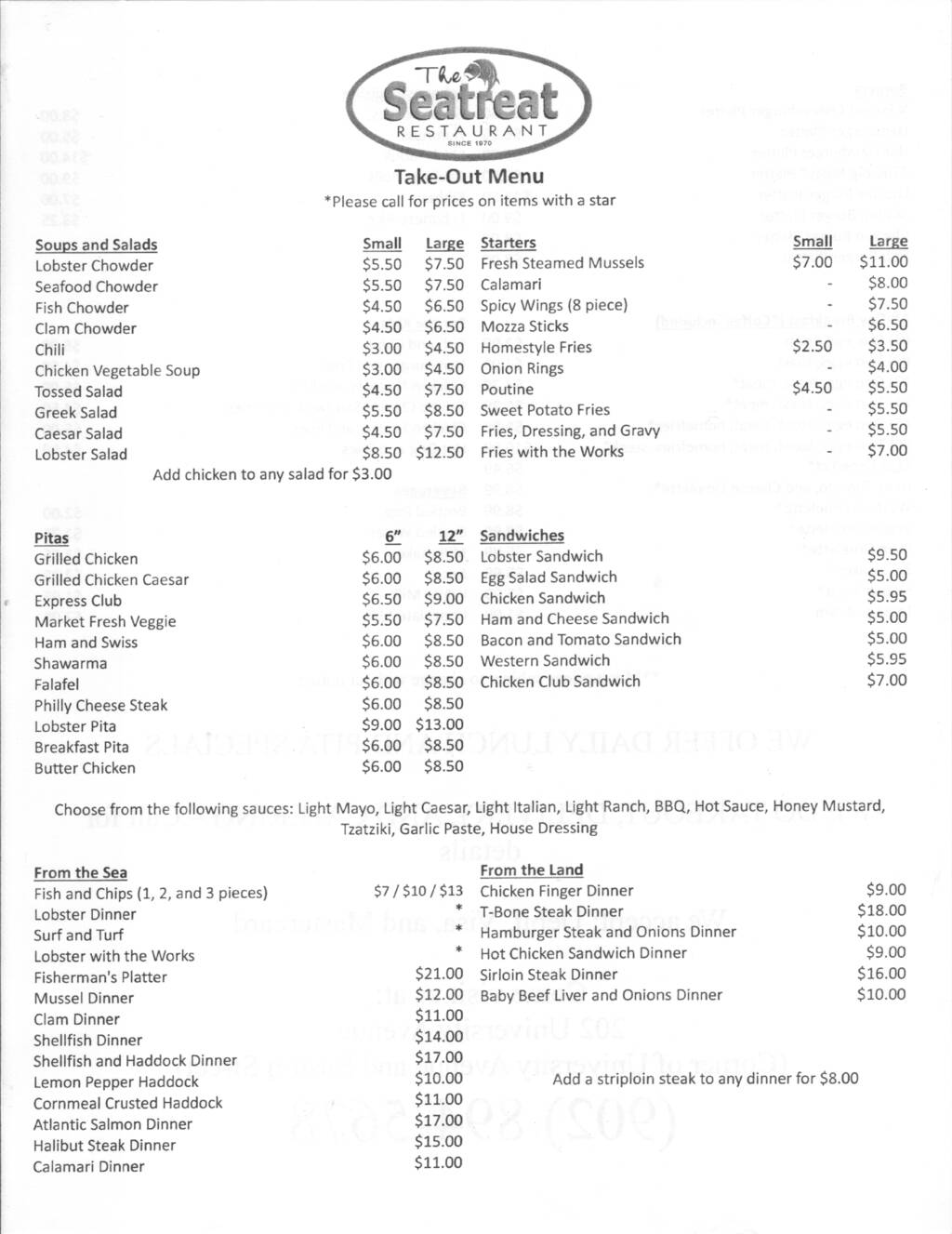 Page 1 of menu for The Seatreat in Charlottetown from July 2010