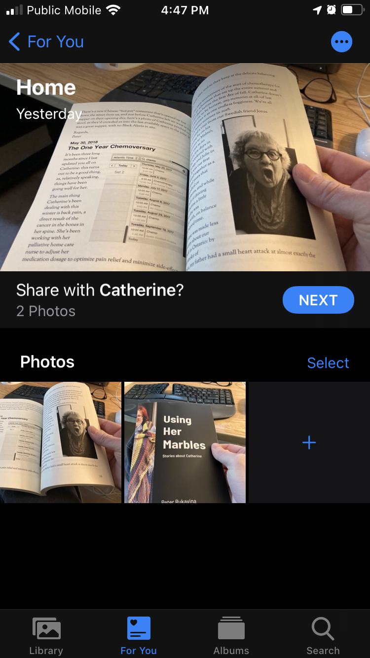 Screen shot of my iPhone, showing an image of Catherine inside a book, suggesting that I share it with Catherine.