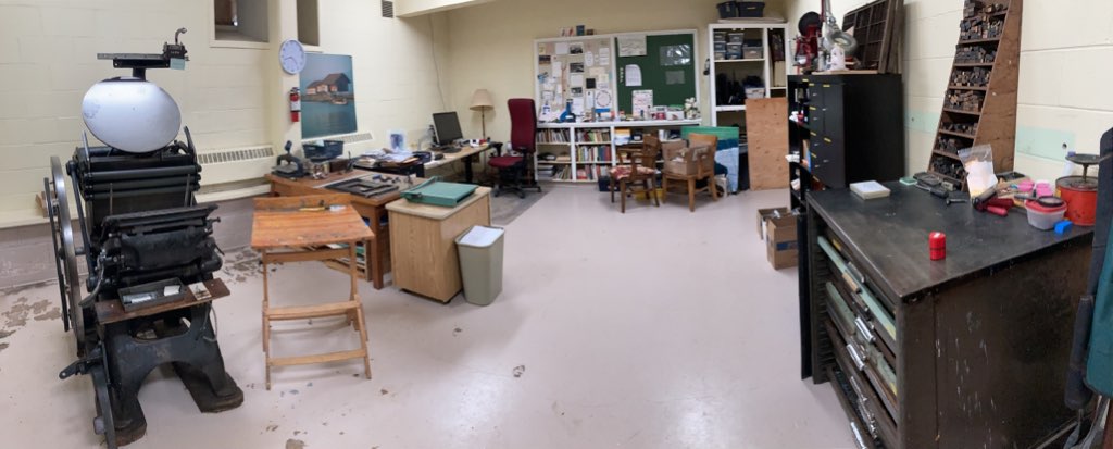 My letterpress shop kind of cleaned up, March 2023.