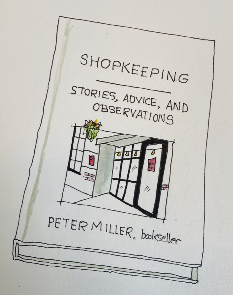 A hand-drawn pen and ink sketch of the cover of the book Shopkeeping, highlighted with watercolour paint.