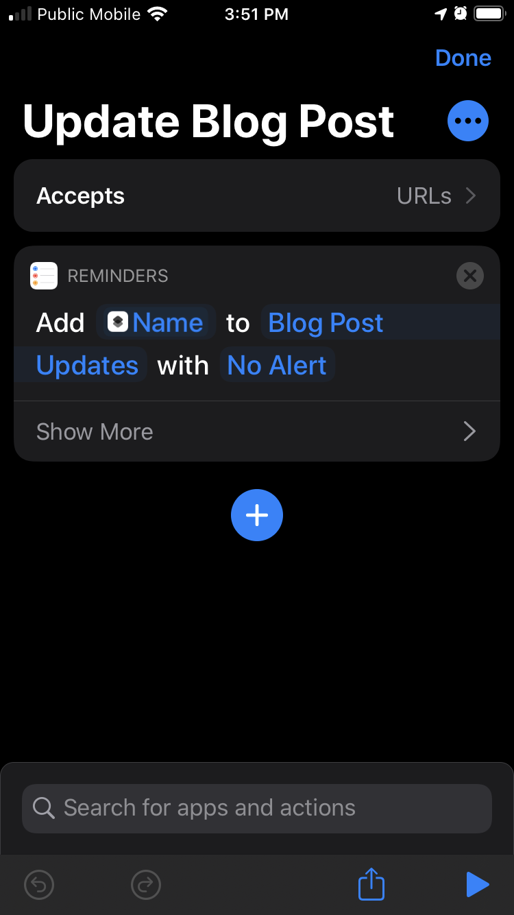 Screen shot of the iOS Shortcut showing that it adds a Reminder with the URL