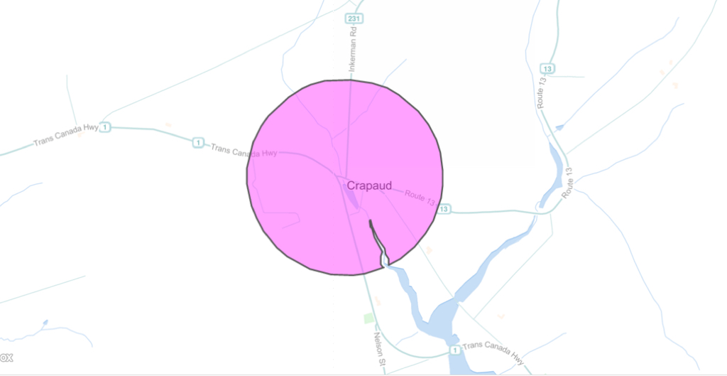 A detailed map of Crapaud's boundaries, a circle surrounding the centre of the community.